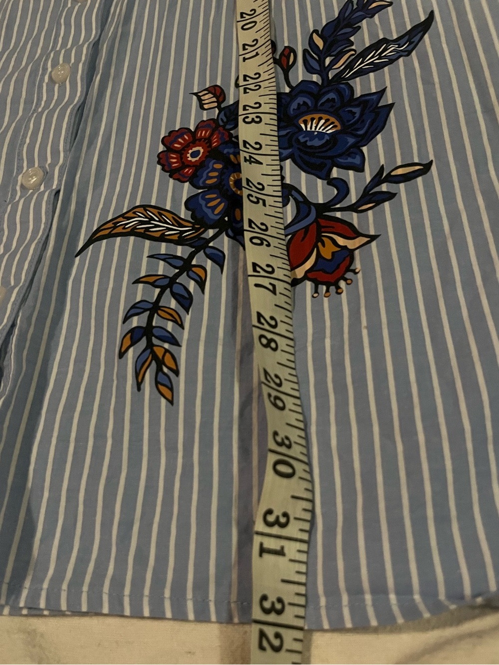 Size 22, Love & Legend Blue Striped Button-Up Shirt with Floral Embroidery - Picture 12 of 15